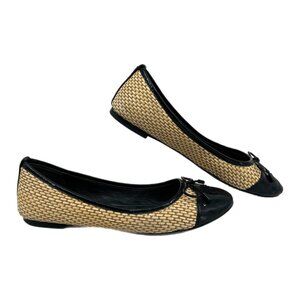 Tory Burch Tan Black Wicker Cap Toe Flats | Size 9